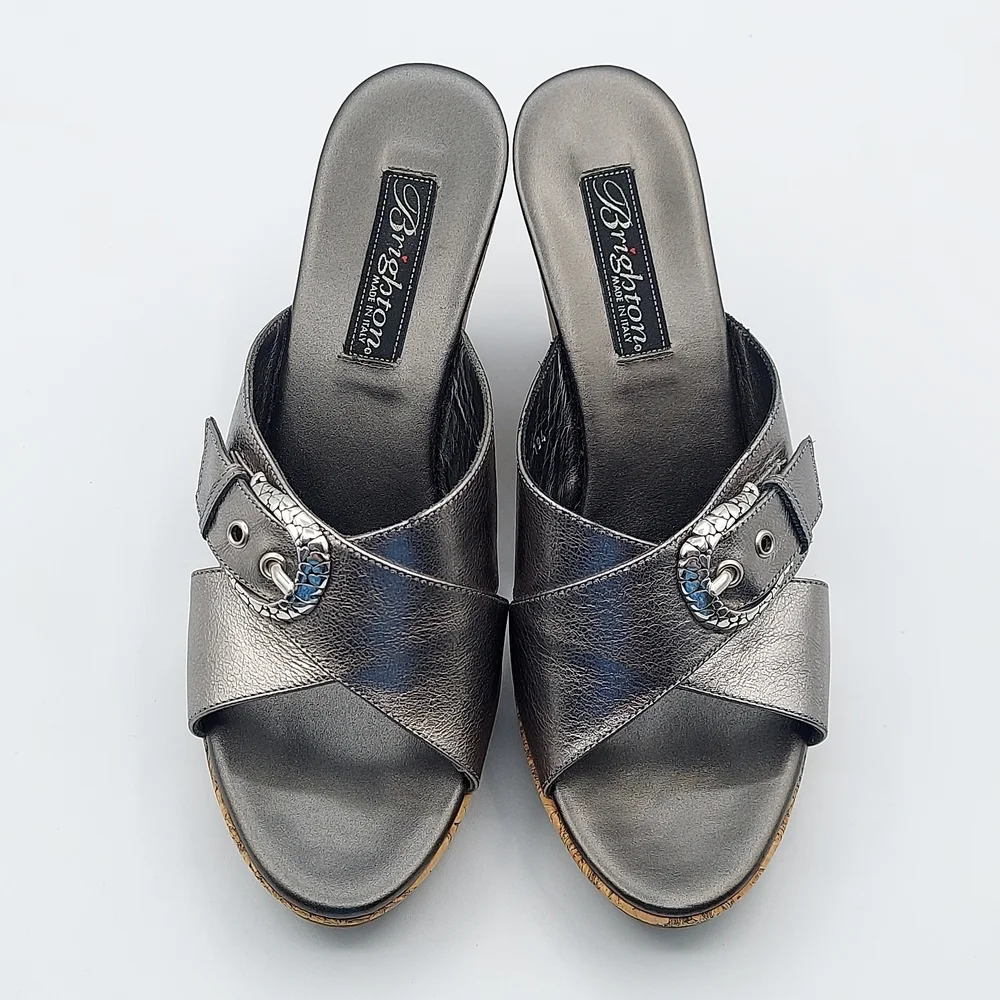 Brighton Summer Made In Italy Platfrom Cork Wedge Heel Sandals Pewter Women's 7